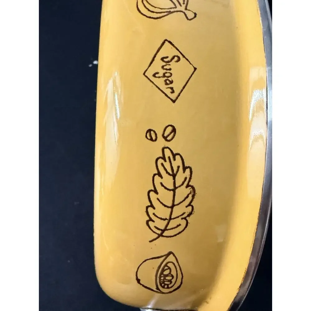 Vintage Yellow Enamelware 9” Saucepan Skillet with Kitchen Motif Pattern